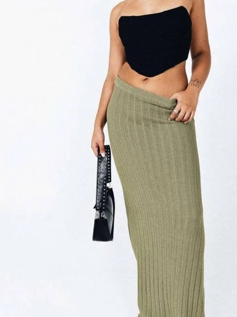Princess Polly Olive Ribbed Knit Maxi Skirt